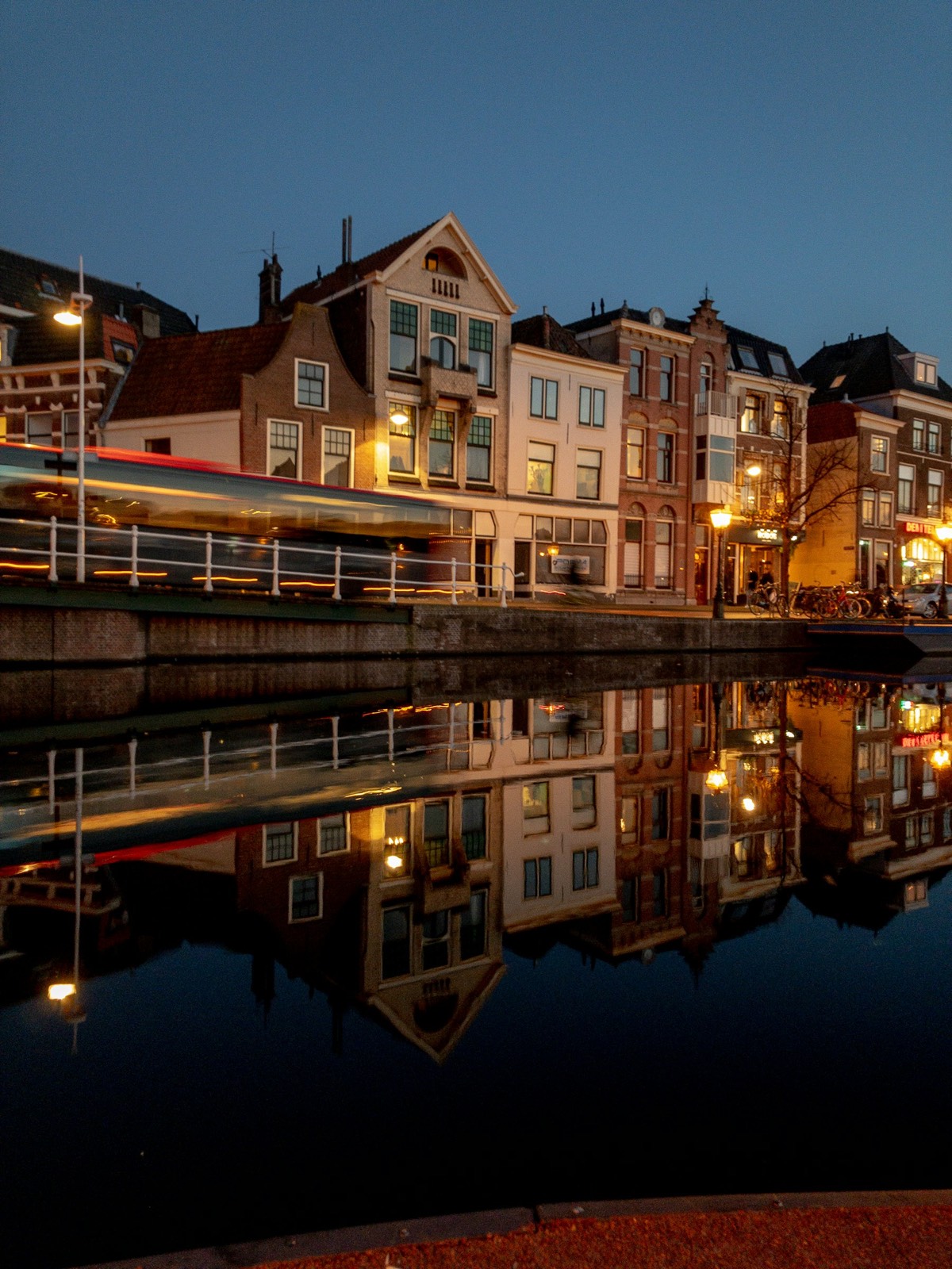 Temporary evening view of Leiden's illuminated city centre