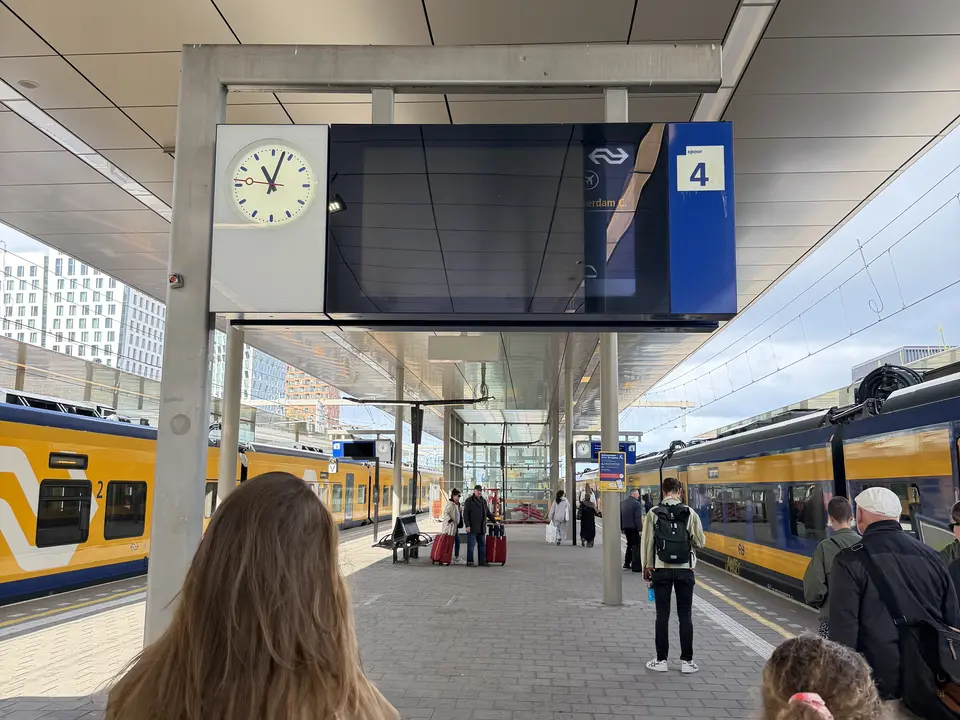 Platform with NS trains at Leiden Centraal station Platform with NS trains at Leiden Centraal station