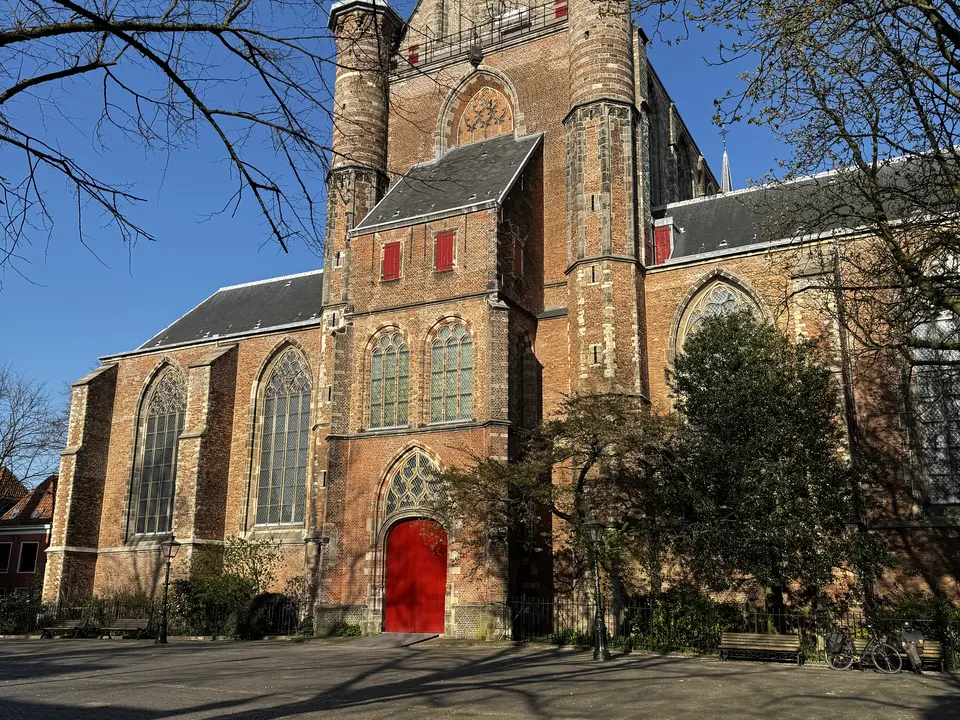 Pieterskerk in Leiden with its red entrance door Pieterskerk in Leiden with its red entrance door