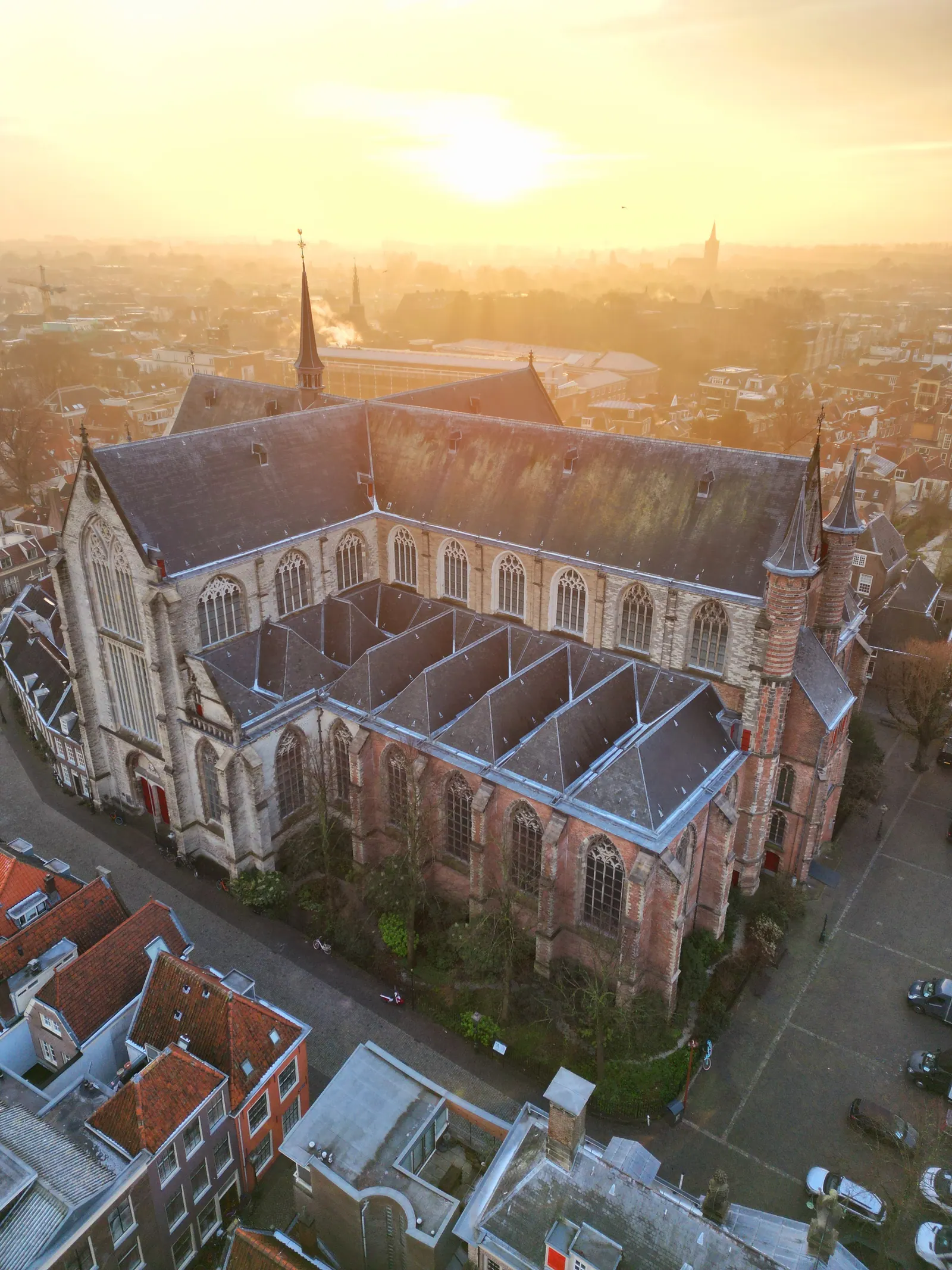 Aerial view of Pieterskerk and the historic Pieters district in Leiden